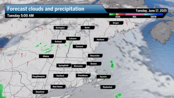 Forecast Update: Mostly Cloudy with a Chance of Showers in Boston This Tuesday