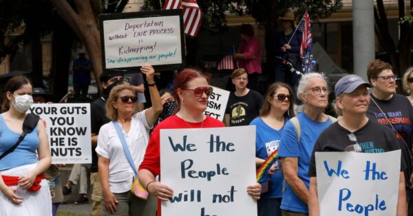 Crowd Protests Trump Administration at Main Street Garden Demonstration